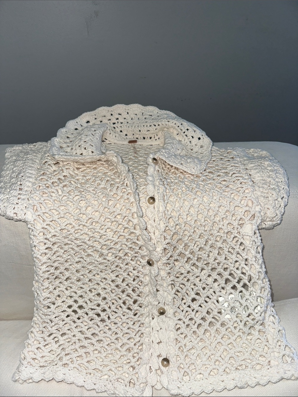 Free People Cream Crochet Button-Up Top